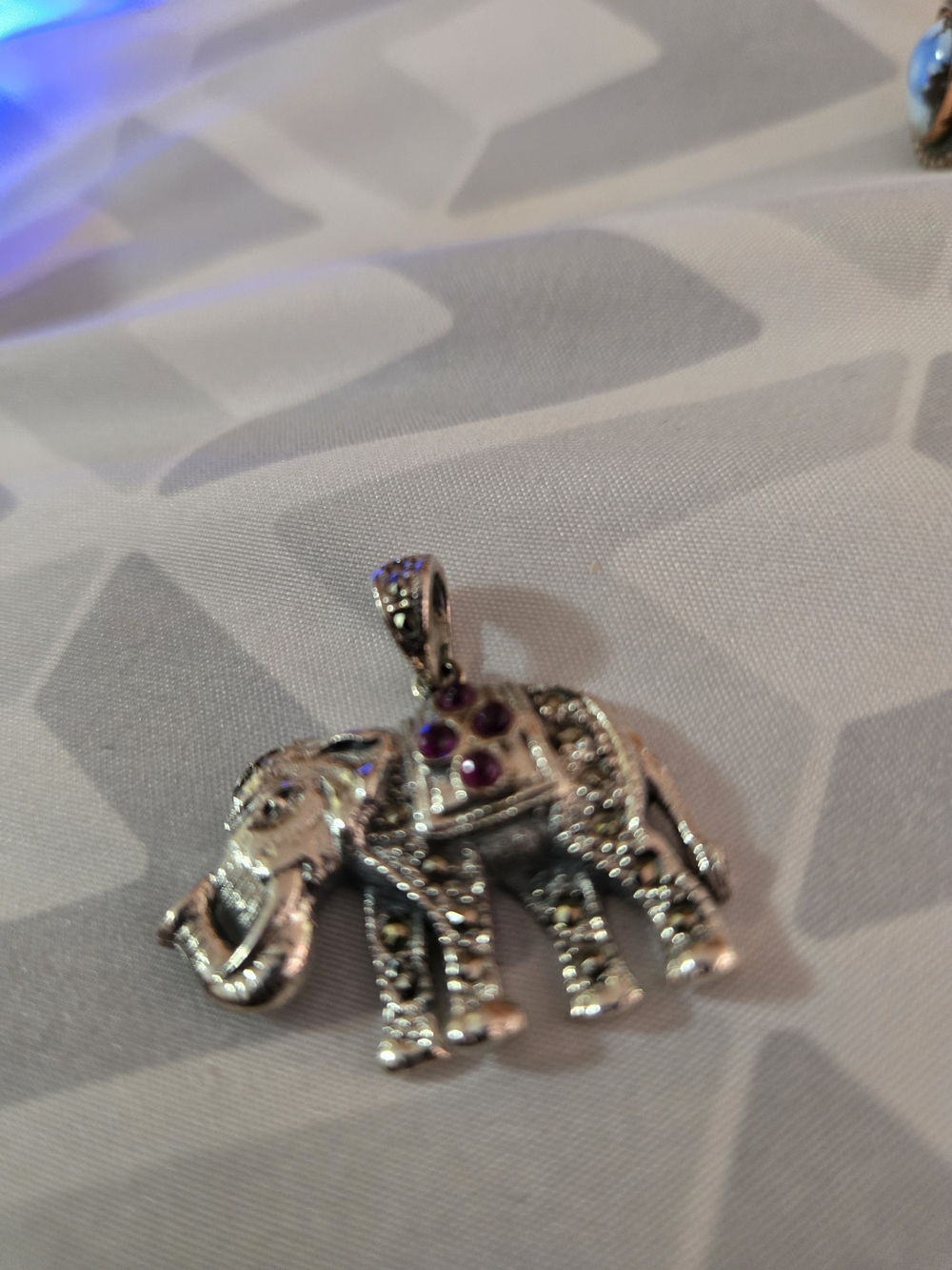Silver Elephant Pendant Necklace Charm with Purple Accents